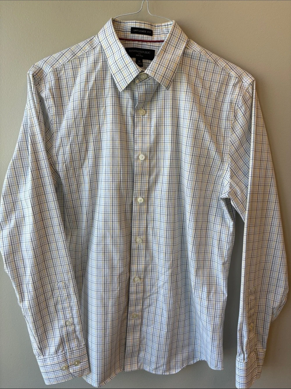 Banana Republic Factory White Dress Shirt with Blue and Yellow Windowpane Plaid